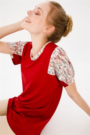 Kadın Sıfır Yaka Düşük Kol Çiçek Baskılı Penye Bluz K.Kırmızı