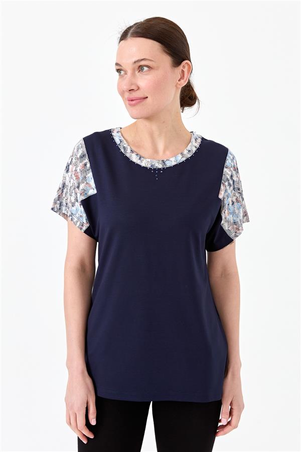 Womens Cotton Blouse With Round Neck Low Sleeves And Floral Print Dark Blue 