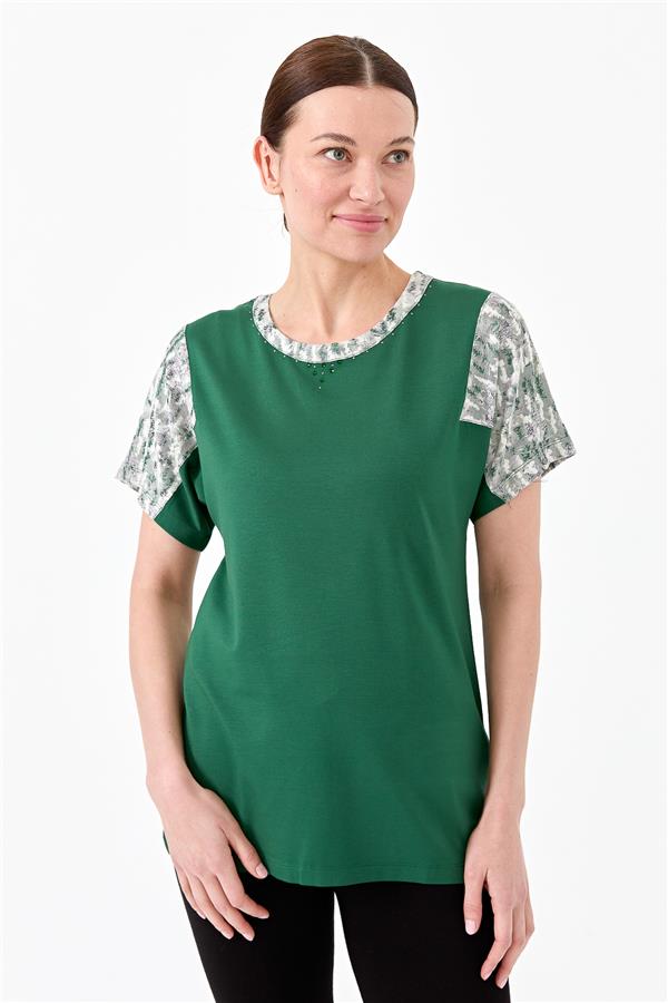 Womens Cotton Blouse With Round Neck Low Sleeves And Floral Print Green