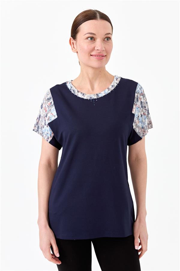 Womens Cotton Blouse With Round Neck Low Sleeves And Floral Print Dark Blue 