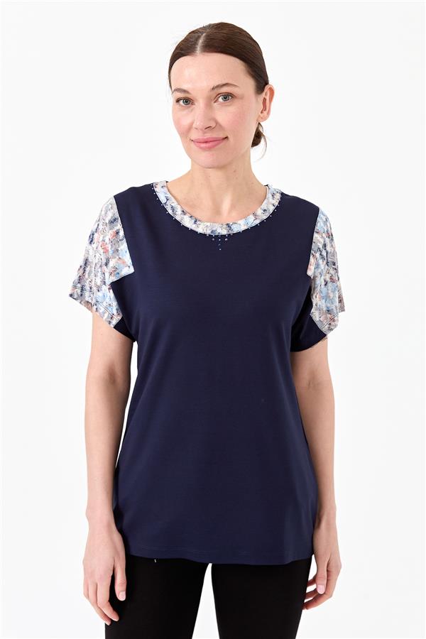 Womens Cotton Blouse With Round Neck Low Sleeves And Floral Print Dark Blue 