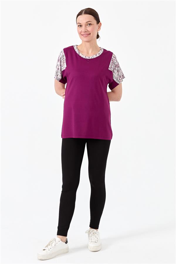 Womens Cotton Blouse With Round Neck Low Sleeves And Floral Print Plum 