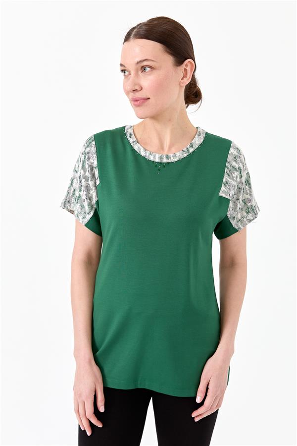 Womens Cotton Blouse With Round Neck Low Sleeves And Floral Print Green