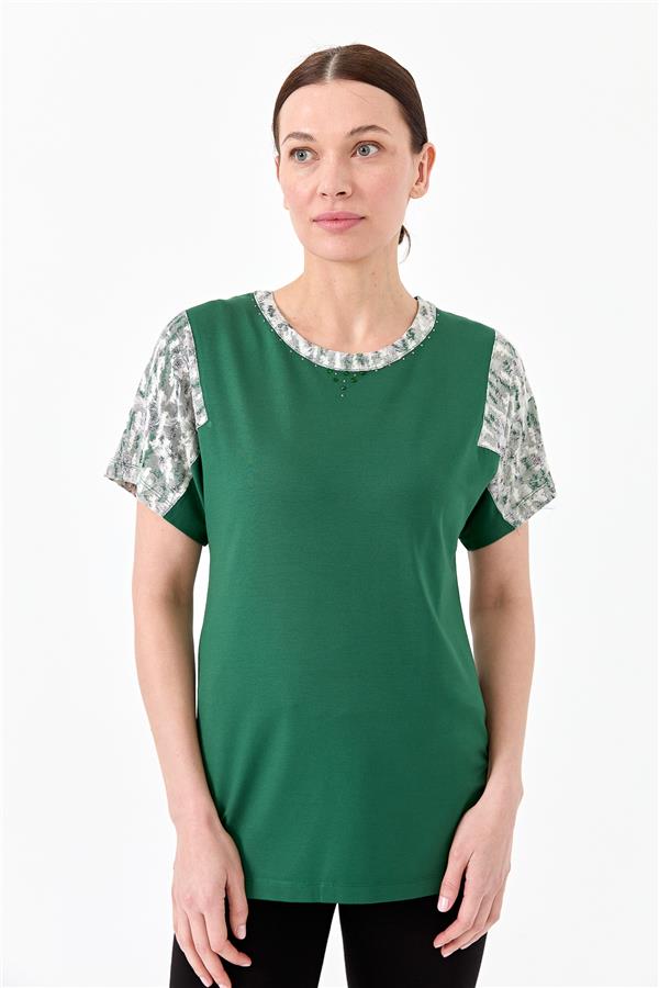 Womens Cotton Blouse With Round Neck Low Sleeves And Floral Print Green
