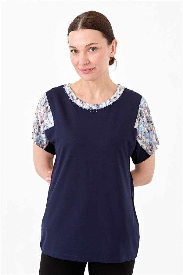 Womens Cotton Blouse With Round Neck Low Sleeves And Floral Print Dark Blue 