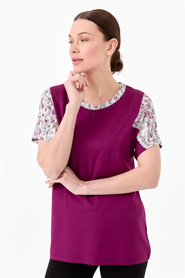 Womens Cotton Blouse With Round Neck Low Sleeves And Floral Print Plum 