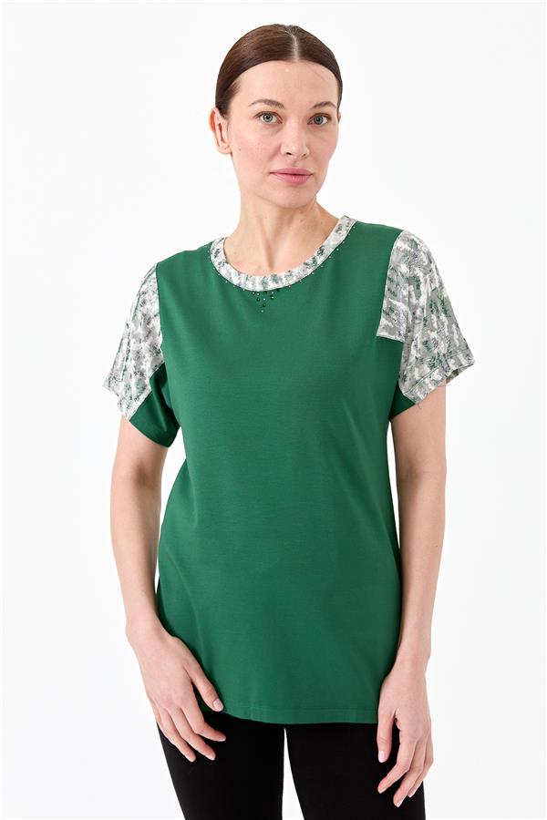 Womens Cotton Blouse With Round Neck Low Sleeves And Floral Print Green