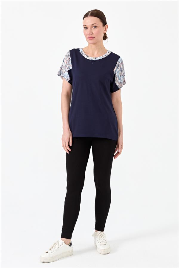 Womens Cotton Blouse With Round Neck Low Sleeves And Floral Print Dark Blue 