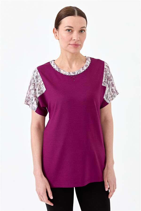 Womens Cotton Blouse With Round Neck Low Sleeves And Floral Print Plum 