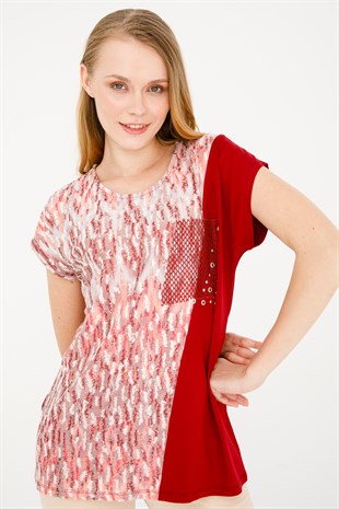 Kadın Sıfır Yaka Düşük Kol File Cepli Penye Bluz Kırmızı