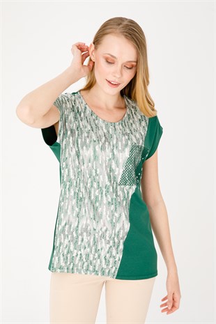 Kadın Sıfır Yaka Düşük Kol File Cepli Penye Bluz Yeşil