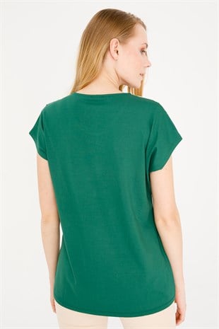 Kadın Sıfır Yaka Düşük Kol File Cepli Penye Bluz Yeşil