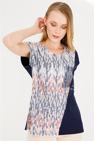 Kadın Sıfır Yaka Düşük Kol File Cepli Penye Bluz Lacivert