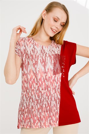 Kadın Sıfır Yaka Düşük Kol File Cepli Penye Bluz Kırmızı