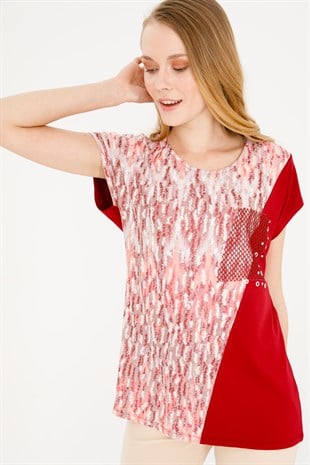 Kadın Sıfır Yaka Düşük Kol File Cepli Penye Bluz Kırmızı