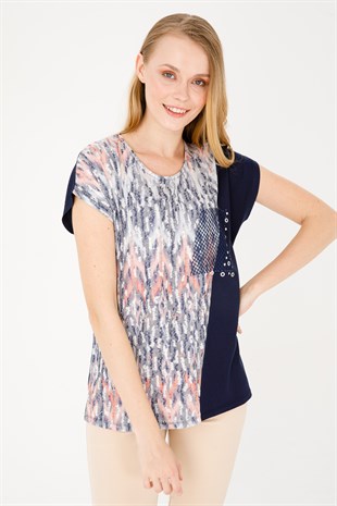 Kadın Sıfır Yaka Düşük Kol File Cepli Penye Bluz Lacivert