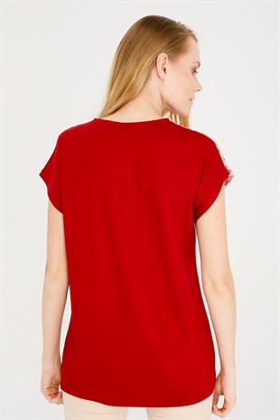 Kadın Sıfır Yaka Düşük Kol File Cepli Penye Bluz Kırmızı