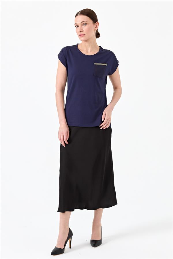 Kadın Sıfır Yaka Düşük Kol Simli T-shirt Lacivert