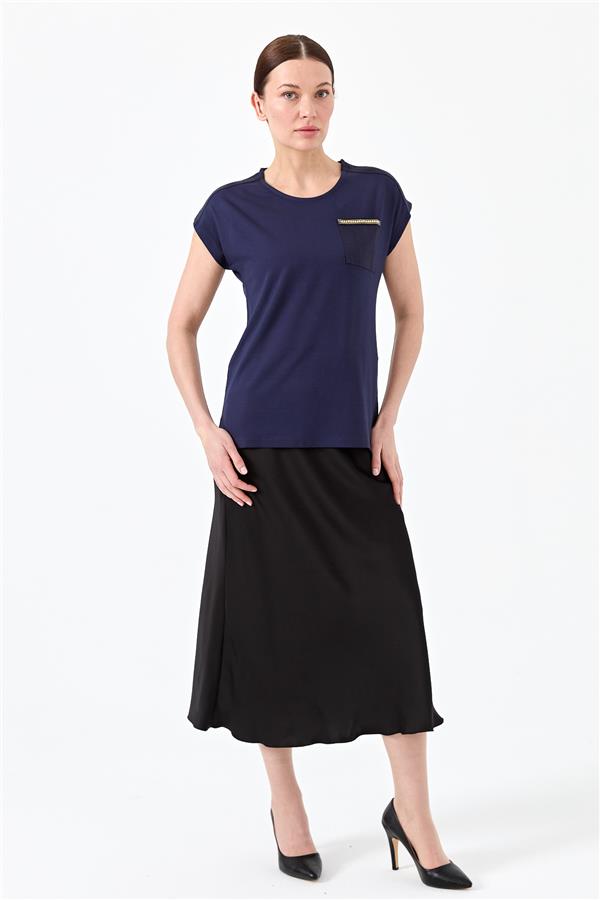 Kadın Sıfır Yaka Düşük Kol Simli T-shirt Lacivert