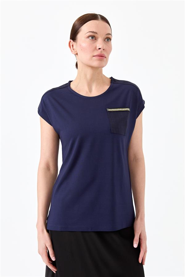 Kadın Sıfır Yaka Düşük Kol Simli T-shirt Lacivert