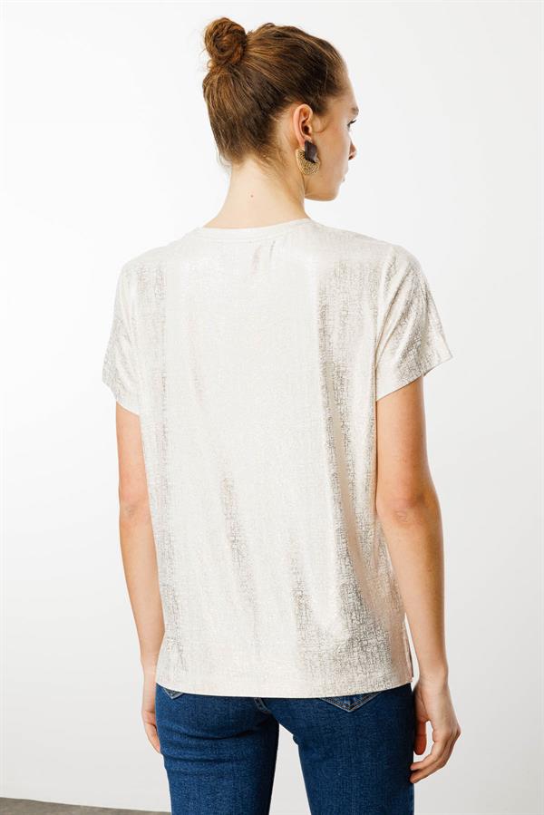 Kadın Sıfır Yaka Düşük Kollu Bluz Beyaz