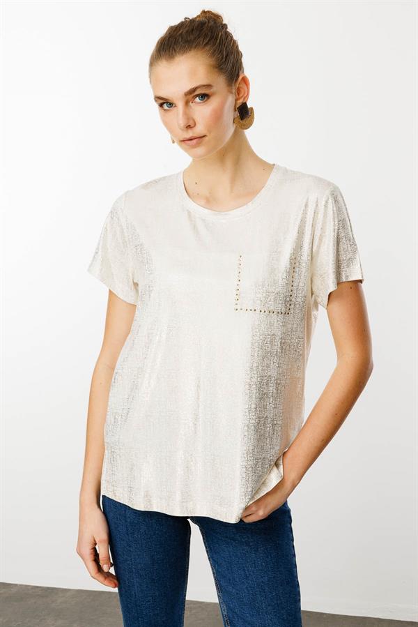 Kadın Sıfır Yaka Düşük Kollu Bluz Beyaz