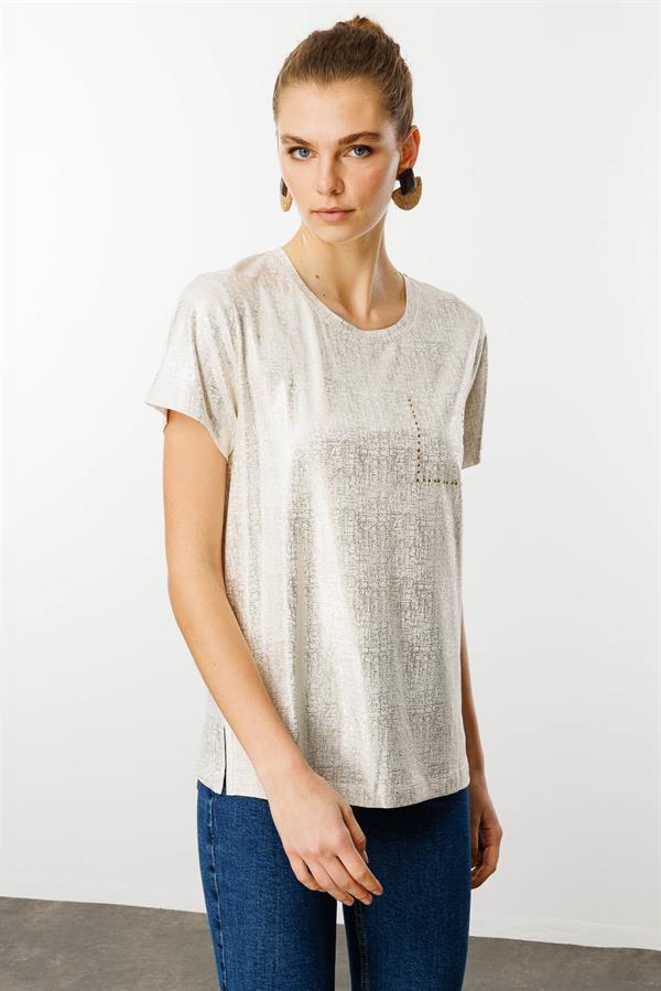 Kadın Sıfır Yaka Düşük Kollu Bluz Beyaz