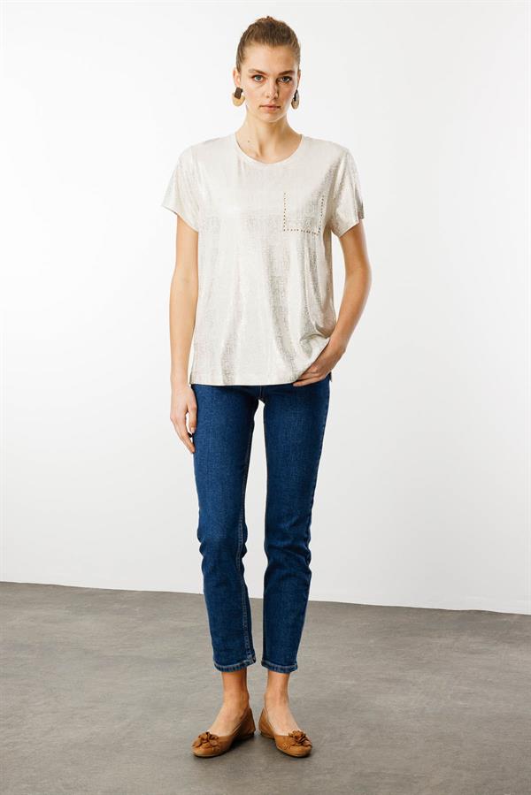 Kadın Sıfır Yaka Düşük Kollu Bluz Beyaz