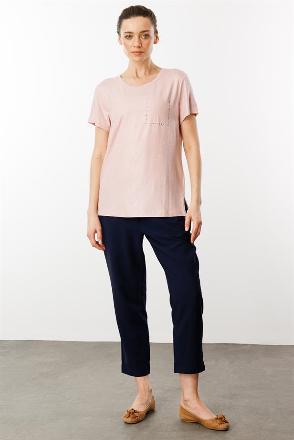 Kadın Sıfır Yaka Düşük Kollu Bluz Pudra