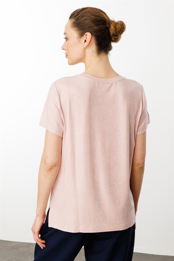 Kadın Sıfır Yaka Düşük Kollu Bluz Pudra