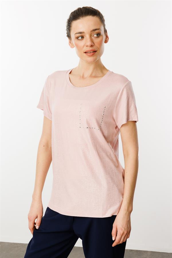 Kadın Sıfır Yaka Düşük Kollu Bluz Pudra