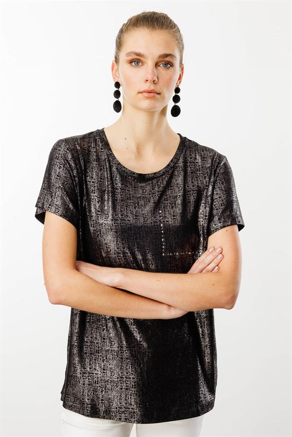 Kadın Sıfır Yaka Düşük Kollu Bluz Siyah