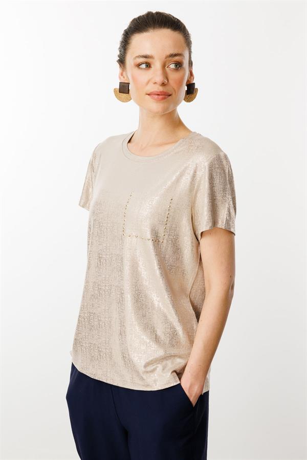 Kadın Sıfır Yaka Düşük Kollu Bluz Vizon