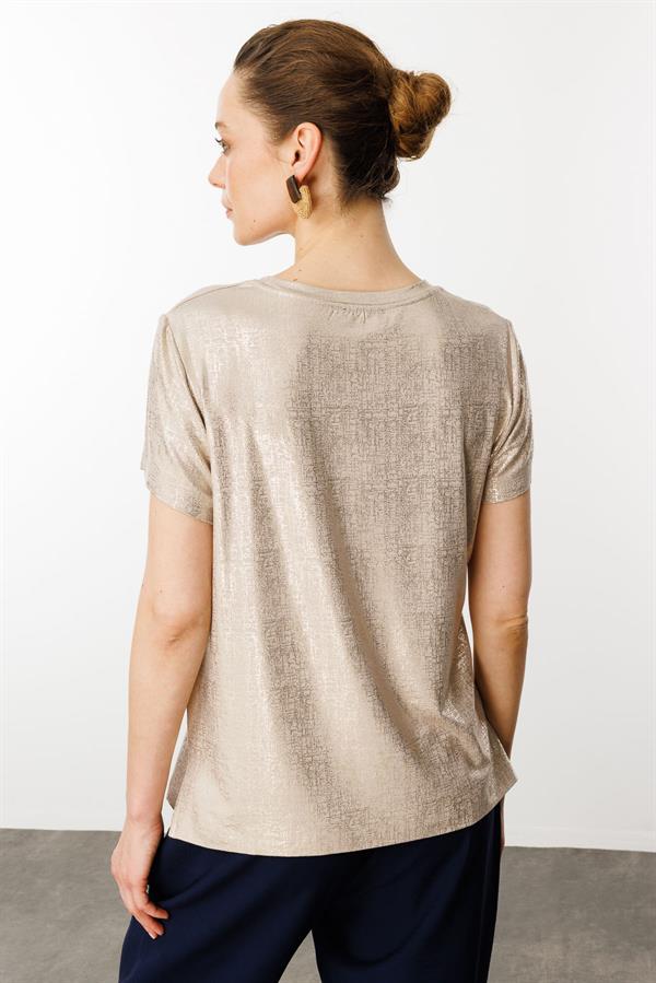 Kadın Sıfır Yaka Düşük Kollu Bluz Vizon