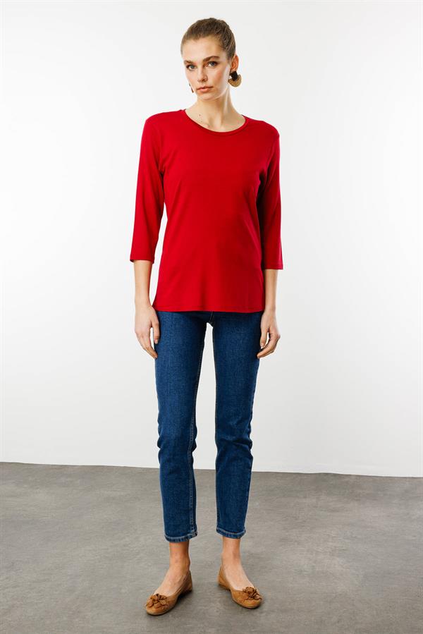 Kadın Sıfır Yaka Düz Penye Bluz Kırmızı
