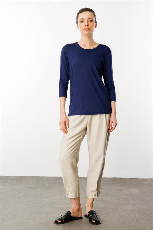 Kadın Sıfır Yaka Düz Penye Bluz Lacivert