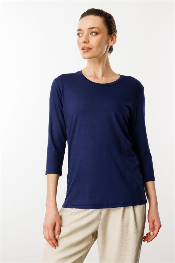 Kadın Sıfır Yaka Düz Penye Bluz Lacivert