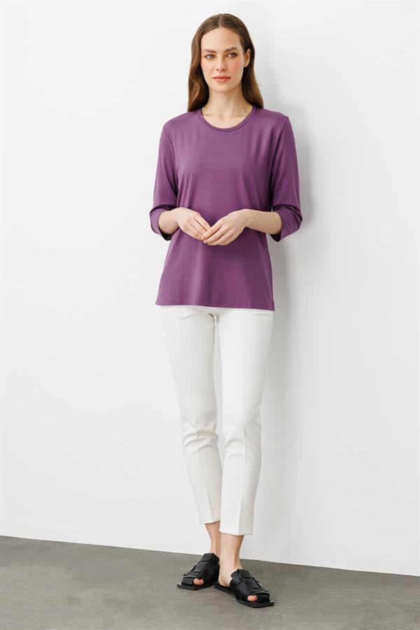 Kadın Sıfır Yaka Düz Penye Bluz Lila