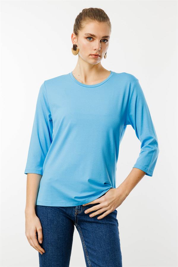 Kadın Sıfır Yaka Düz Penye Bluz Mavi