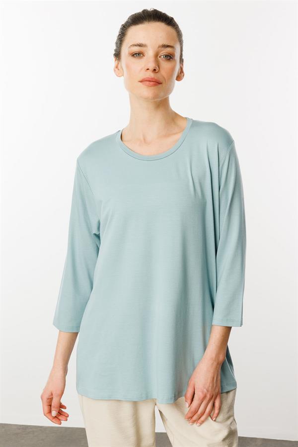 Kadın Sıfır Yaka Düz Penye Bluz Mint