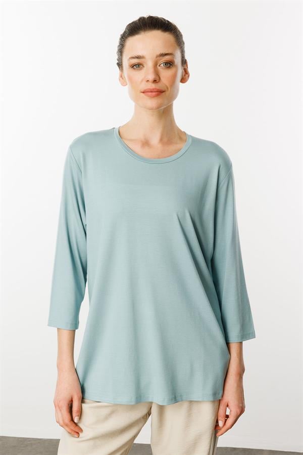 Kadın Sıfır Yaka Düz Penye Bluz Mint