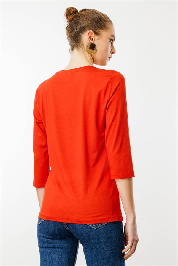 Kadın Sıfır Yaka Düz Penye Bluz Oranj
