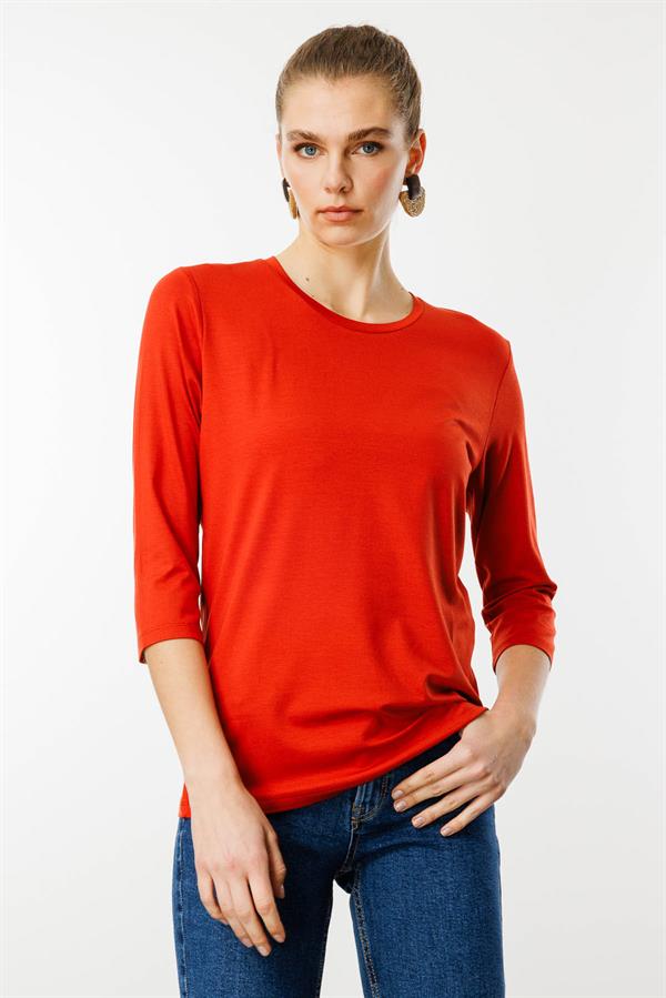 Kadın Sıfır Yaka Düz Penye Bluz Oranj