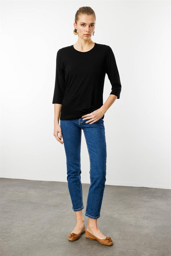 Kadın Sıfır Yaka Düz Penye Bluz Siyah