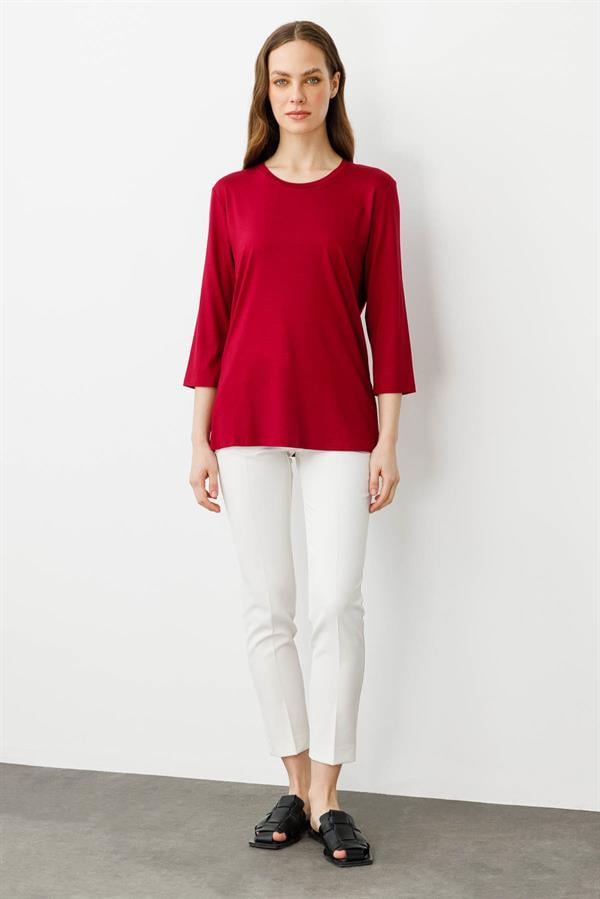 Kadın Sıfır Yaka Düz Penye Bluz Vişne