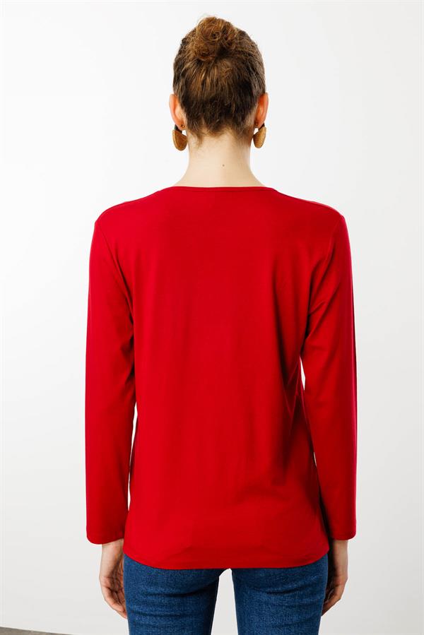 Kadın Sıfır Yaka El Nakışı İşlemeli Bluz Kırmızı