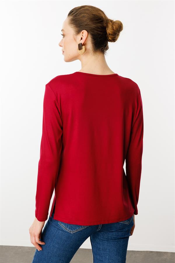 Kadın Sıfır Yaka El Nakışı İşlemeli Bluz Vişne