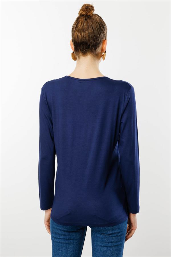 Kadın Sıfır Yaka El Nakışı İşlemeli Bluz Lacivert