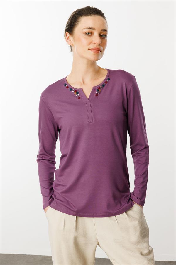 Kadın Sıfır Yaka El Nakışı İşlemeli Bluz Lila