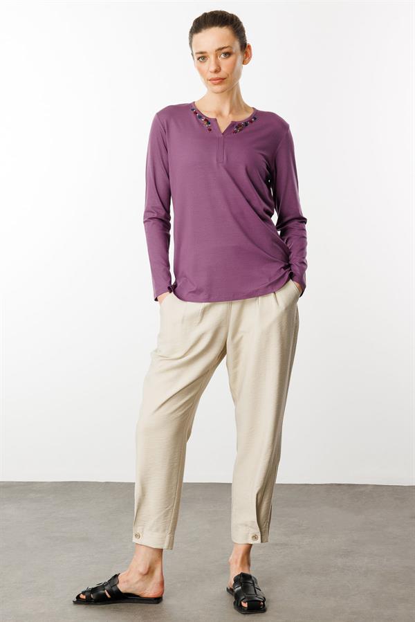 Kadın Sıfır Yaka El Nakışı İşlemeli Bluz Lila